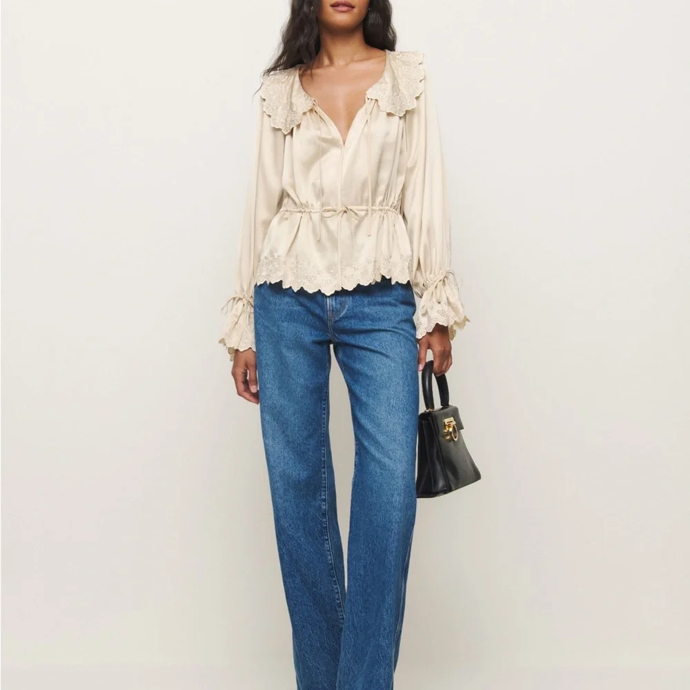 Reformation Cream Satin Lace-Trim Peasant Blouse